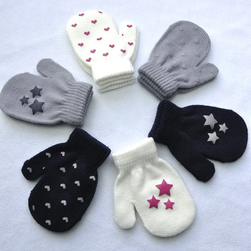 Cute Star Baby Gloves Winter Warm Kids Anti-grasping Glove Bag Cover Cartoon Heart Toddler Girl Boy Full Finger Mittens