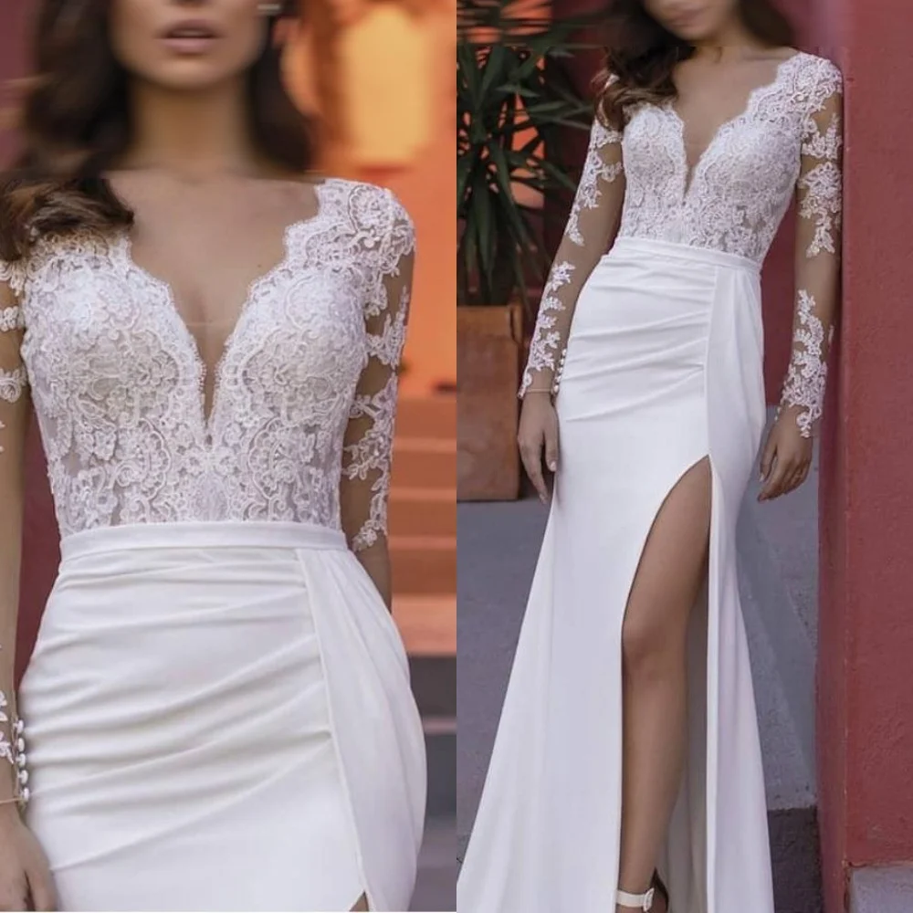 

Customized White Satin Formal Wedding Dress Exquisite Appliques High Quality Bridal Party Sexy Mermaid Delicate Bridal Gowns