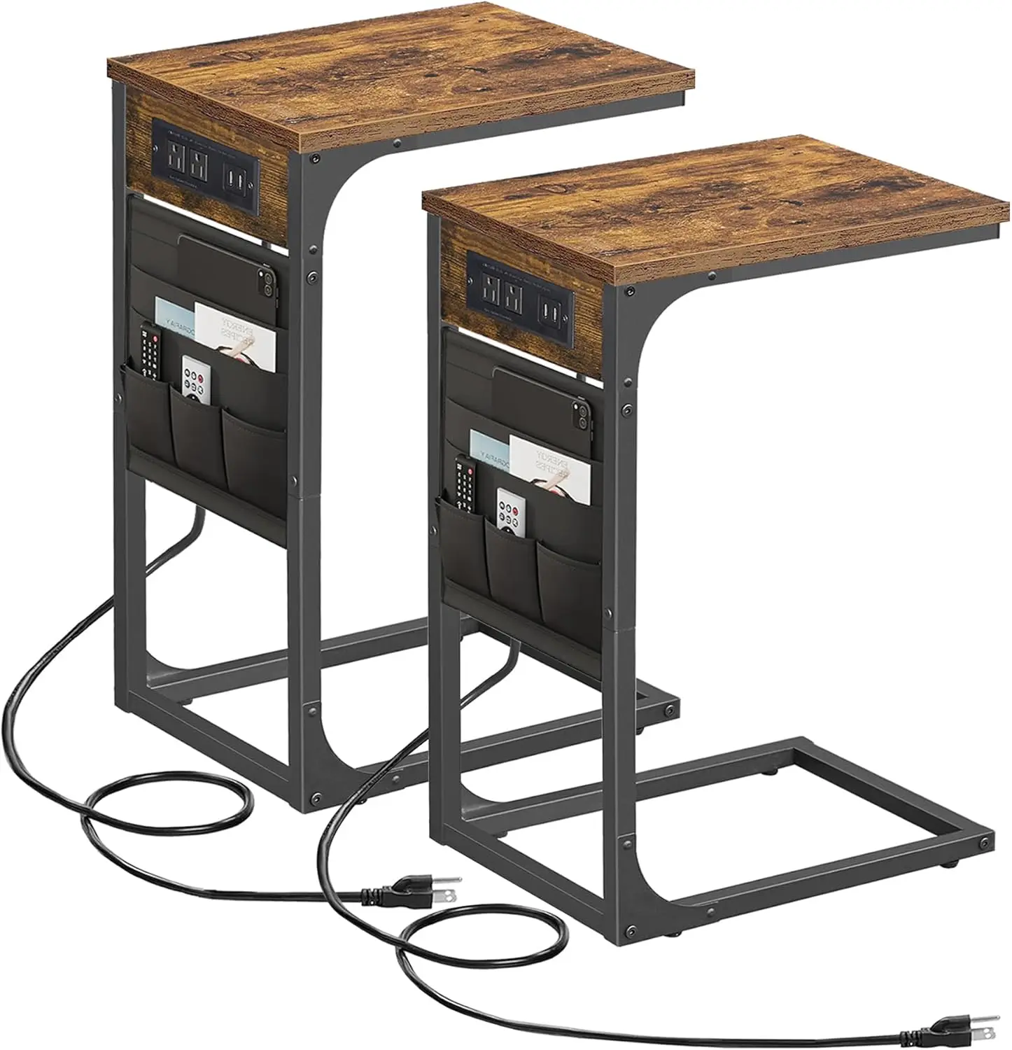 

C Shaped End Table with Charging Station, Side Table for Sofa, Couch with Storage Bag, Set of 2, TV Tray with 2 USB Ports and