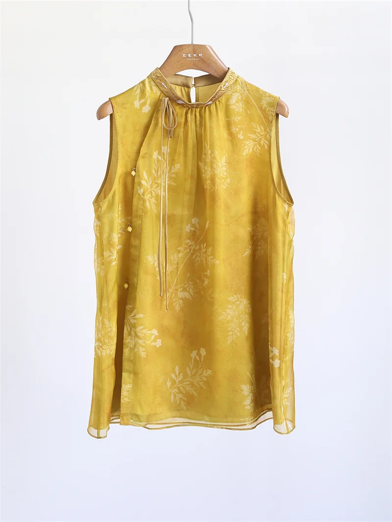 

Шелковый вышитый топ с круглым вырезом, открытыми плечами, поясом, в китайском стиле, для женщин, с цветочным узором, на одной пуговице, с множеством отверстий