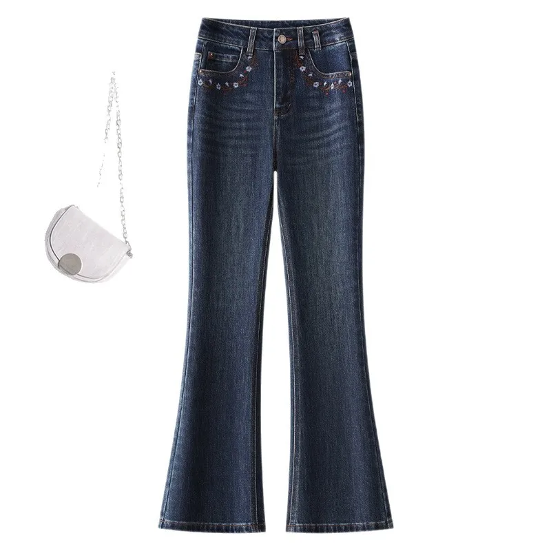 여성용 새 자수 플레어 진, 가을 하이웨이스트 슬리밍 롱 팬츠, 신축성 있는 슬림핏 머메이드 팬츠