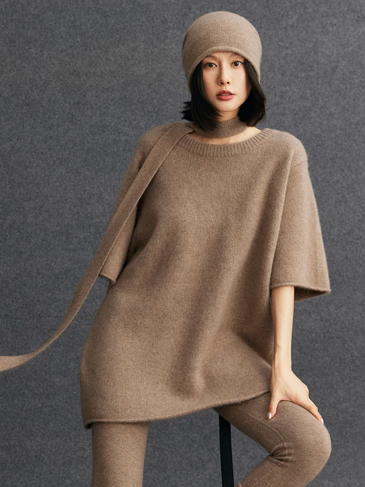 

CHICUU Women Loose Cashmere Sweater O-neck Half Sleeve Pullover 100% Cashmere Knitwear Autumn Winter High Quality Soft Clothes