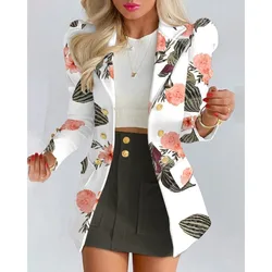 Elegant Office Lady Long Puff Sleeve Double Breasted Coat Top Pocket Skirt Two Piece Clothing Set Outfits Women Blazer Skirt Set