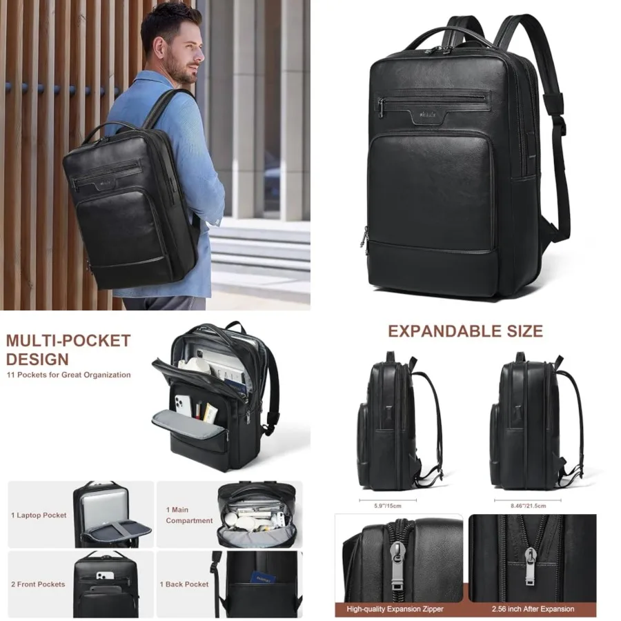 

Leather Laptop Backpack for Women and Men, 28 L Travel Backpack Computer Bag Fits 16 inch Laptop, Expandable Casual Daypack wit