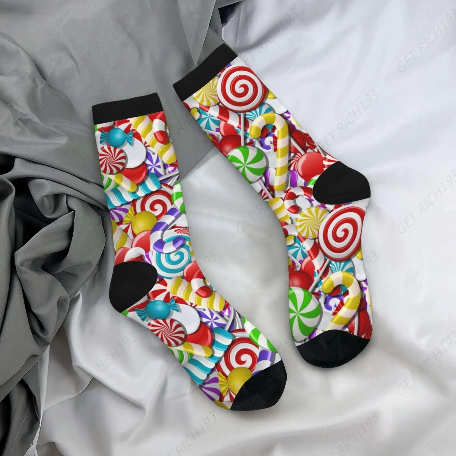 Christmas Candies Lollipop Candy Cane Novelty Socks Crazy Funny Crew Dress Socks For Men Women