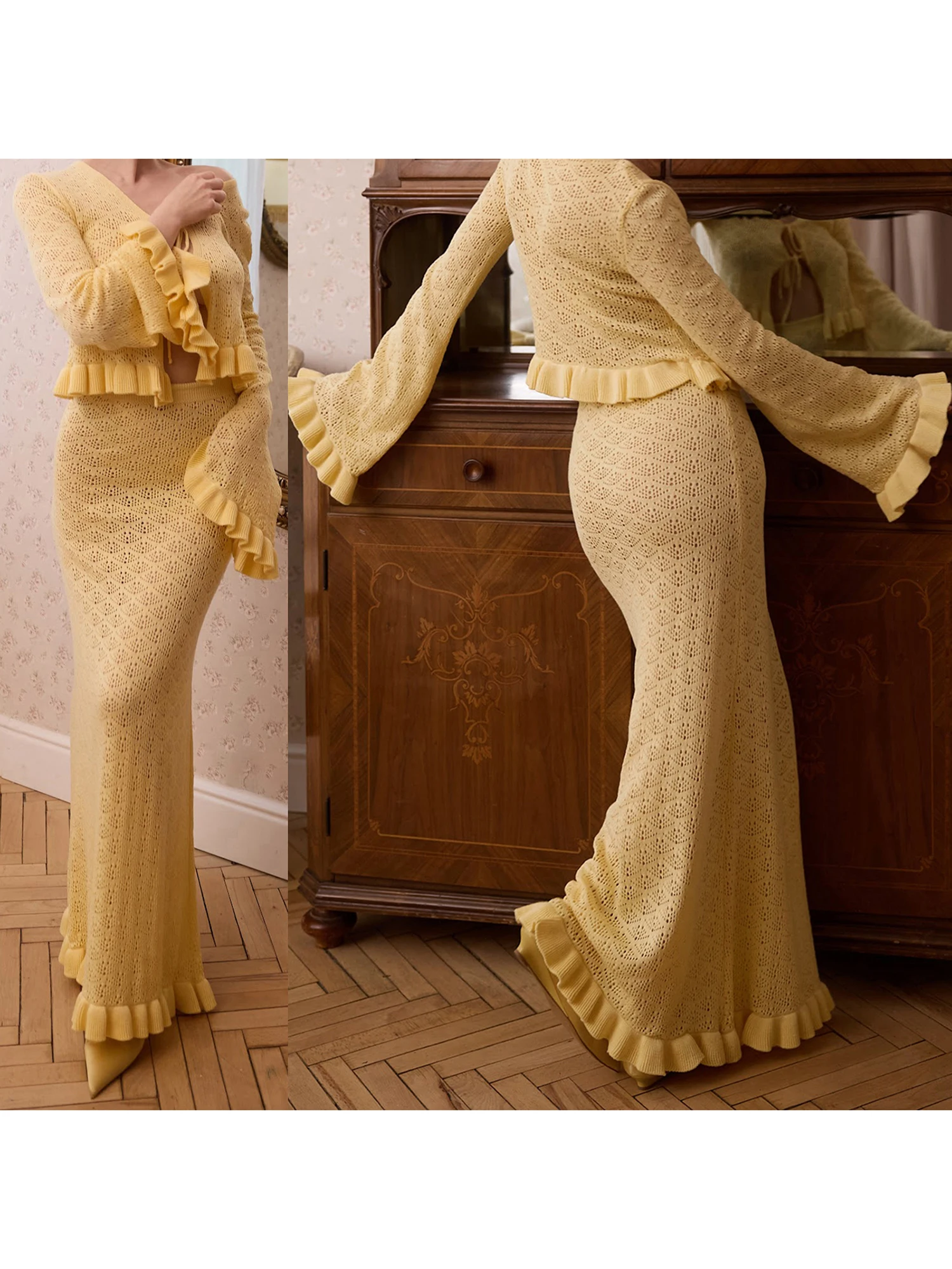 

Женский комплект из двух предметов. Стильный топ с завязкой спереди и длинными рукавами. Комплект облегающей юбки с рюшами для шикарного образа.