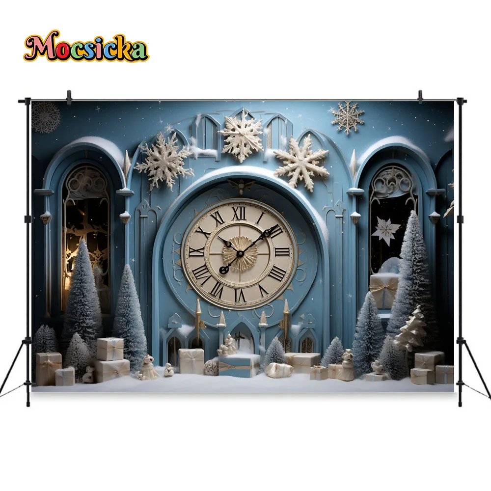 New Year Clock Decor Christmas Background Photography Retro Dark Blue Wall Snowflakes Xmas Tree Gifts Winter Photo Studio Booth