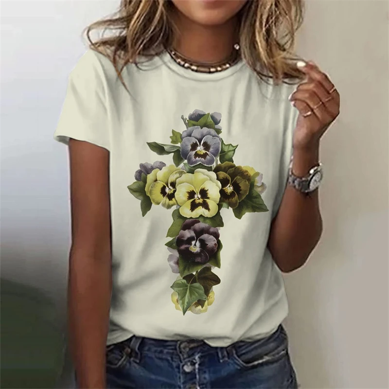 

Fashion Jesus Cross Pattern Women T-shirt Trend Summer Short Sleeve 3D Printed Christian T Shirt Casual Streetwear Oversized Tee