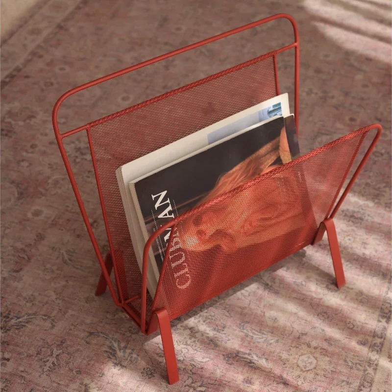 Retro Minimalist Magazine Racks, Red Designer Style Newspaper Stand, Metal Mesh Book Storage, Versatile Practical Home Display