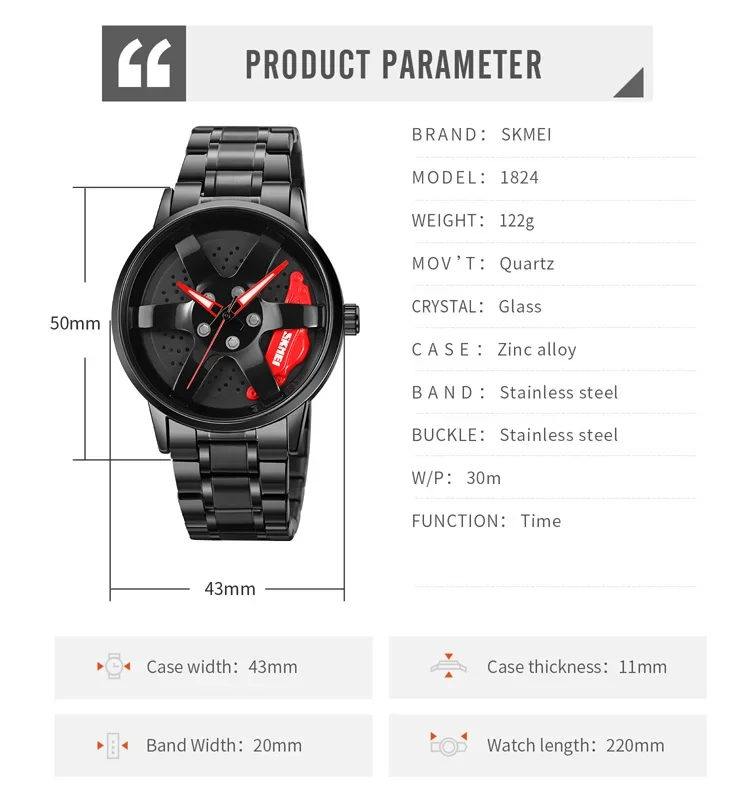 SKMEI 1824 New Men\'s Watches Movement Stainless Steel Waterproof Watch For Hollow Rotation Dial Wristwatch Relogio Masculino