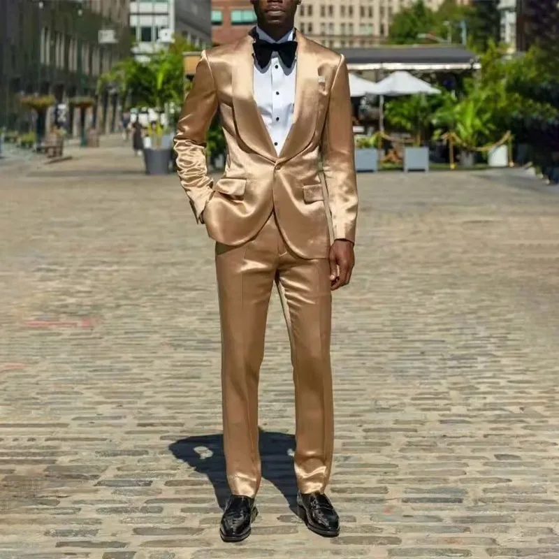 

Мужская одежда, золотой шелковый атлас, мужские костюмы, пиджак, брюки, жених, выпускной, свадебный смокинг, костюм из 2 предметов, свадебные платья
