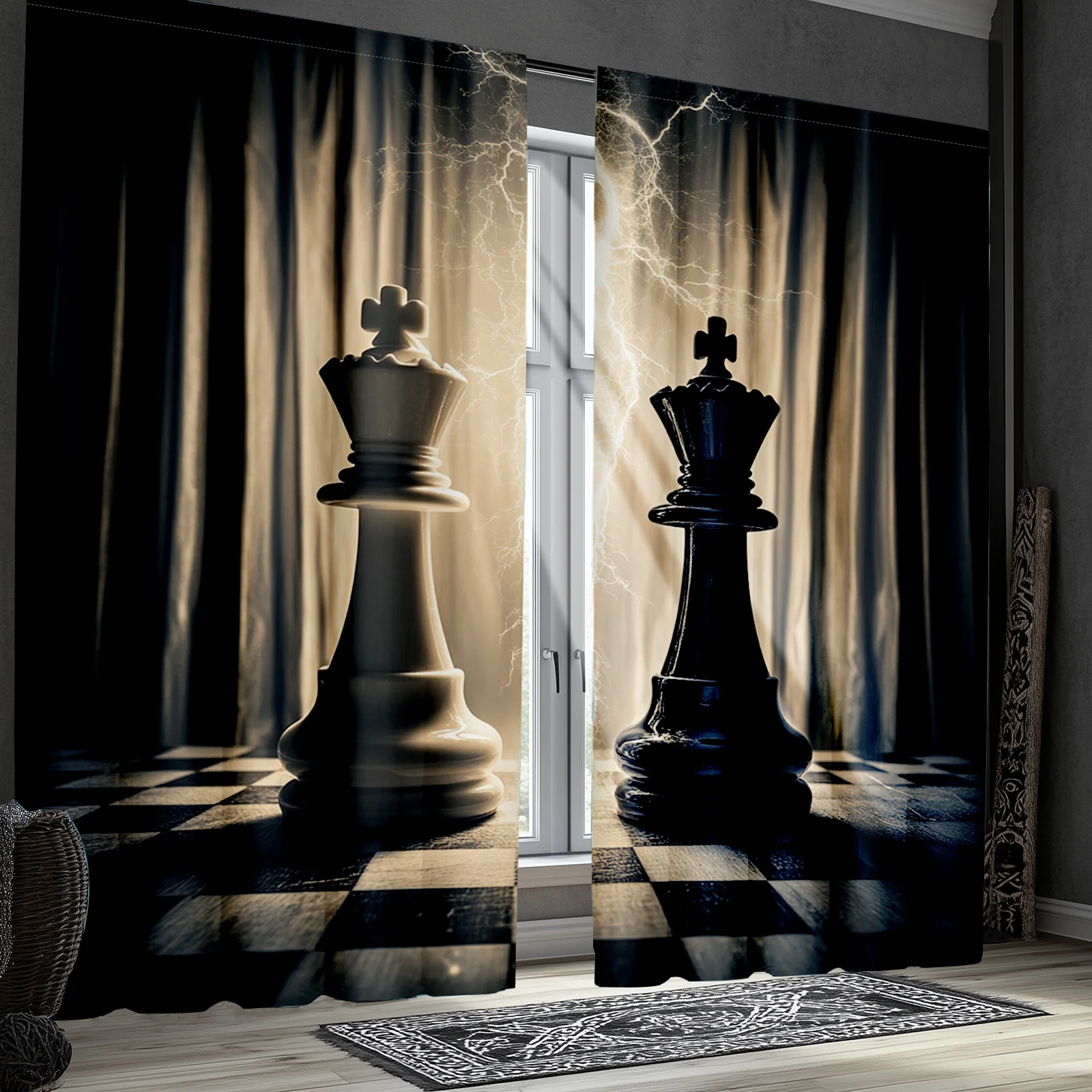 2pcs Classic Chess Game Print Curtains, Black and White Polyester Window Treatments for Bedroom and Living Room Decor