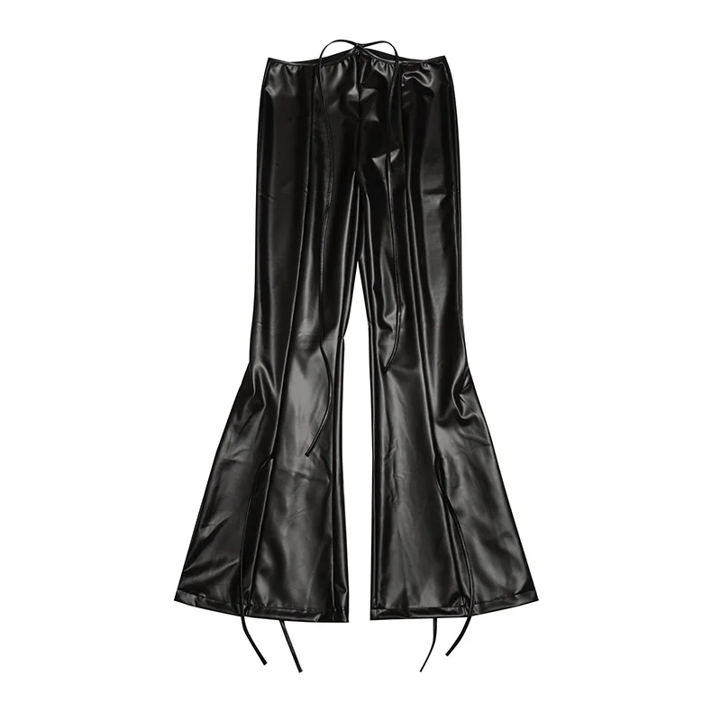 Solid Color Drawstring Pencil Pants Women's Autumn PU Leather Skinny Flared Pants  Popular Streetwear Women's Slim Trousers