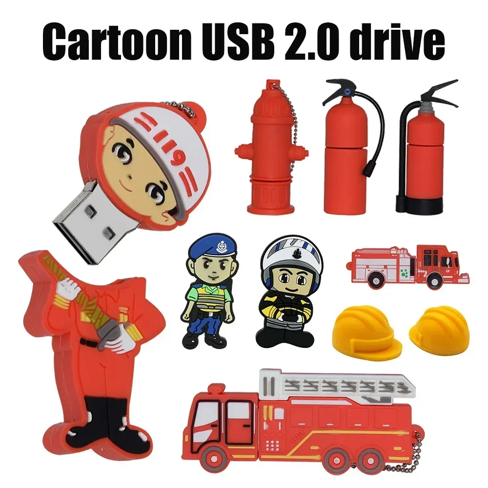 Cartoon Firefighter Fire Truck Style USB 2.0 Flash Drive 128GB 64GB pen drive 32GB 16GB 8GB 4GB Memories Cle Usb Stick U Disk