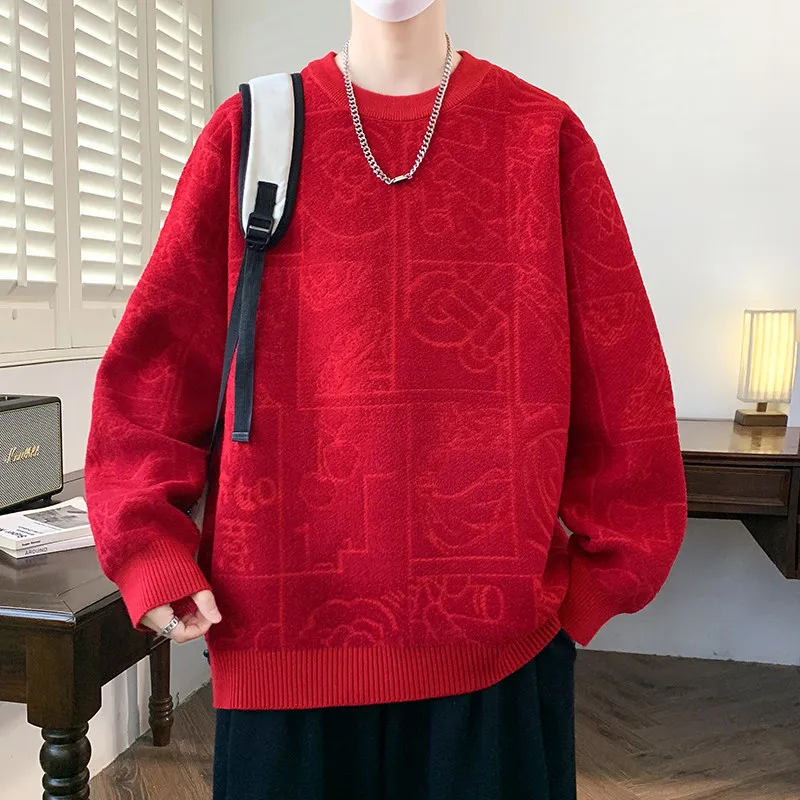 

2025 New Men's Knitted Sweater Couple Winter Clothes Year Red Knitwear Casual Sle Long Sve round Ne Warmth Faion