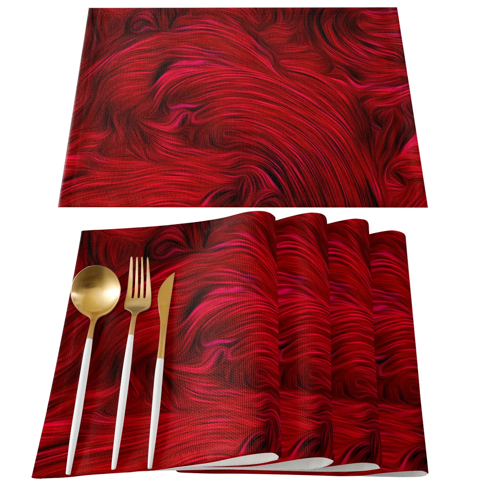 4PCS Placemats Set Red Abstract Texture Lines Table Mats Cotton Linen Kitchen Accessories Home Decorative Coaster