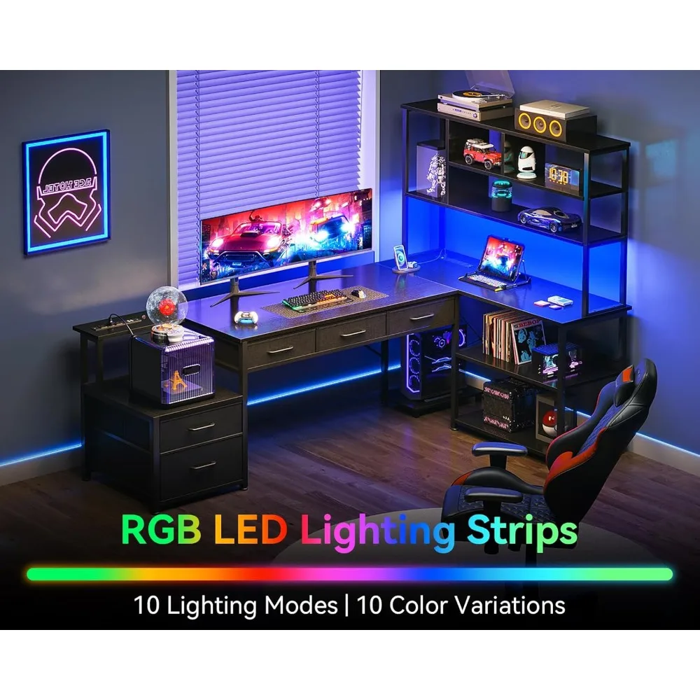 79インチのL字型オフィスデスク（5つの引き出し付き）、リバーシブルL字型ゲーミングデスク（LEDライトと2つの電源コンセント付き）、コンピューターデスク