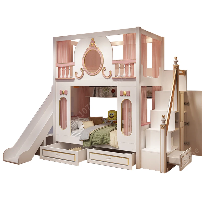 Princess Castle Bunk Bed with Staircase, Pink Kids Loft Bed with Storage Drawers & Curtains, Playhouse Bed for Girls Bedroom
