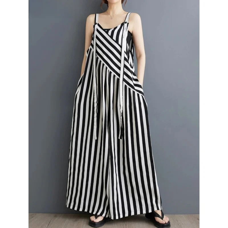 

Oversized Summer Striped Print Wide Leg Jumpsuit Women Loose Pleated Fashion Ladies Jumpsuits Casual Woman Overalls Jumpsuit