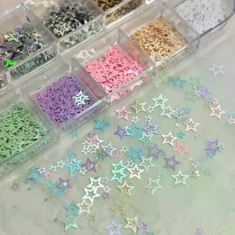 12 Grids Hollow Star Nail Art Glitter Sequins Multiple Colors Individual Compartments For DIY And Salon Nail Art Use 1 Set