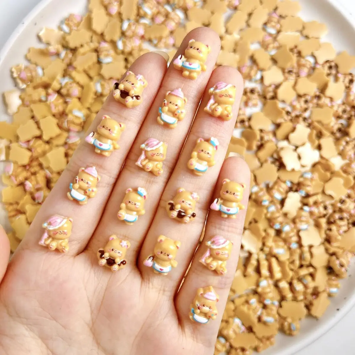 

30PCS Cartoon Adorable Bib Bear Resin Nail Charms Creative Luminous Nightcap Brown Bear Nail Art Decorations DIY Phone Case Nail