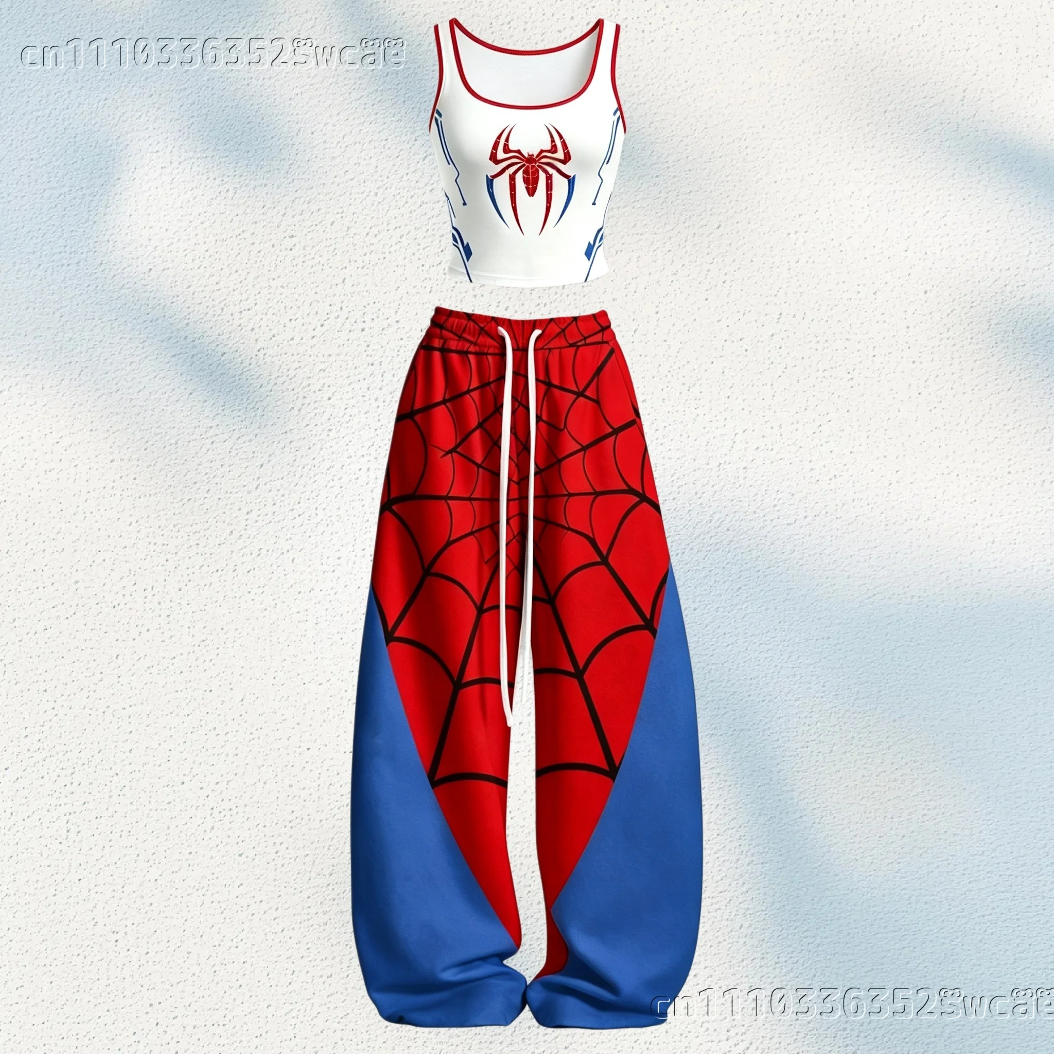 New Spider Web Print Y2K 2‑Piece Outfit,5 Styles Cropped Tank Top Drawstring Wide Leg Pants Streetwear Set Family Kids