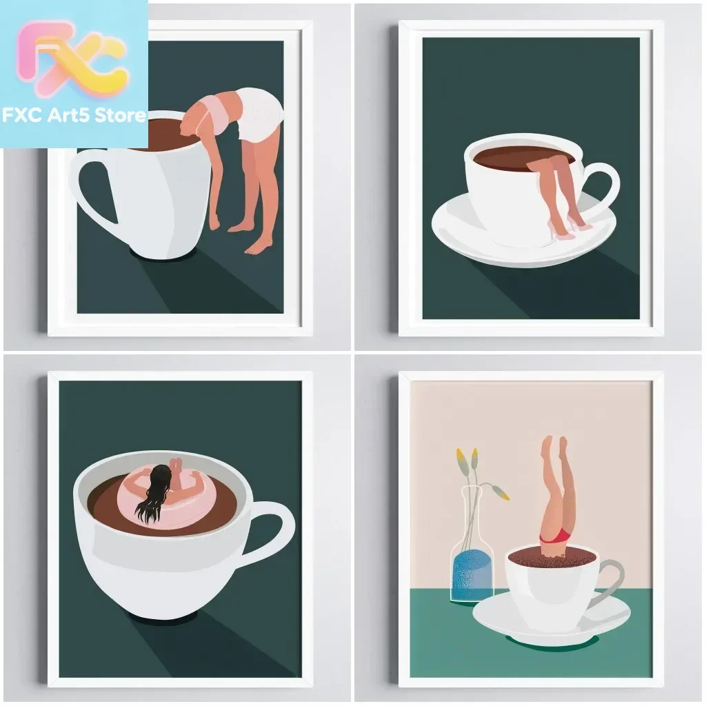 1 Stück rahmenloser, moderner, abstrakter Kunstdruck für Kaffeeliebhaber, lustiges Leinwandgemälde „Schwimmen im Kaffee“ für Küche, Wohnzimmer, einzigartige Dekoration