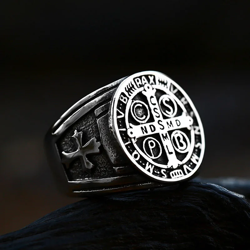 Exorcism Saint Benedict Cspb Cross Amulet Men Rings Stainless Steel Women Jewelry Punk Cool Stuff Accessories Gift Wholesale