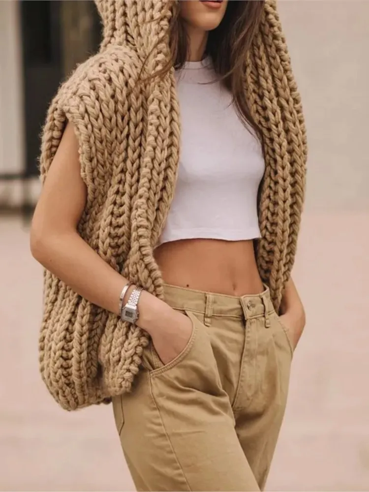 Women Fashion Hooded Sweater Sleeveless Loose Knitted Cardigan Autumn Office Women Commuter Street Clothing