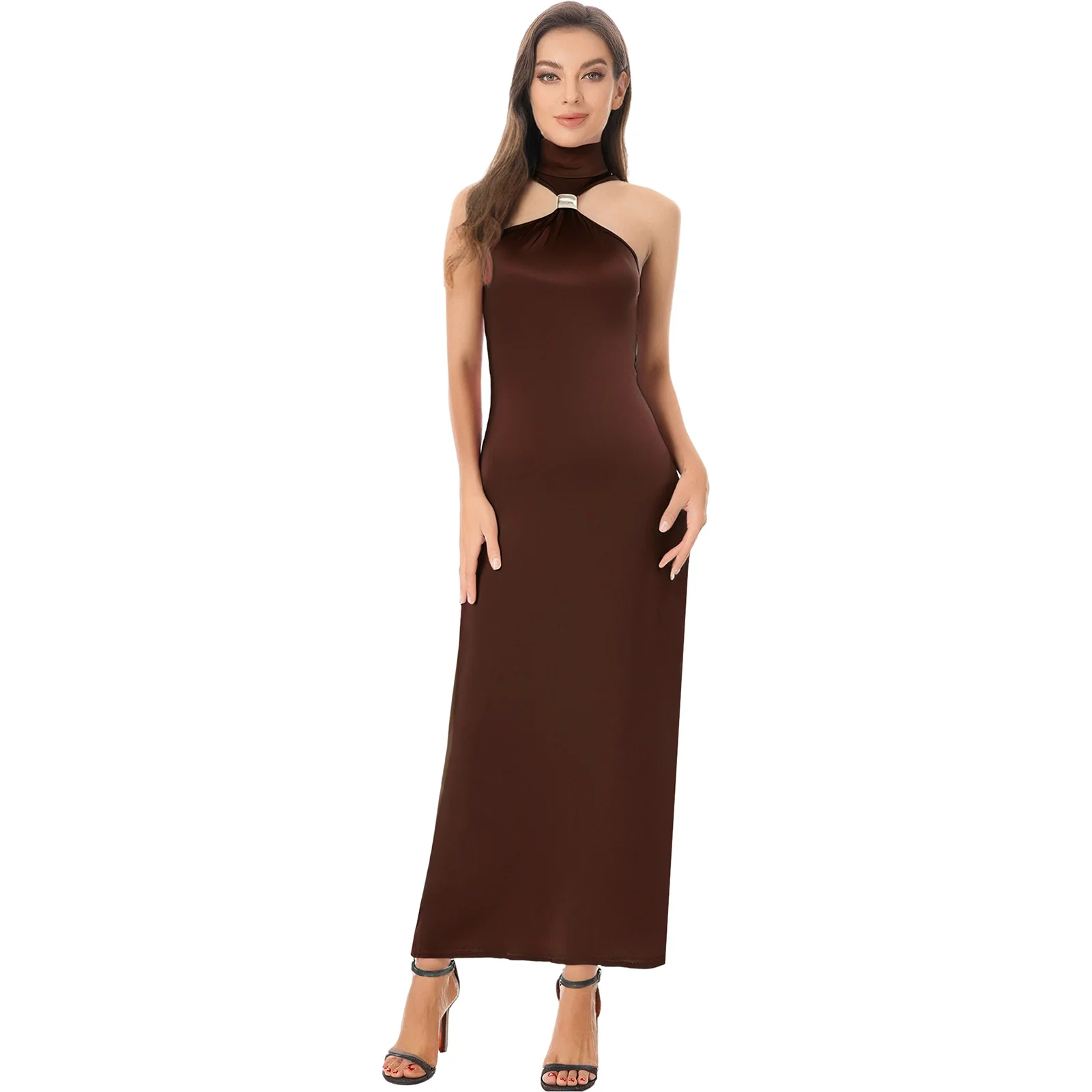 

Women Fashion Elegant High-neck Sleeveless Off-shoulder High Waist Full Length Slit Dress for Party Banquet Pageant Lady Dress