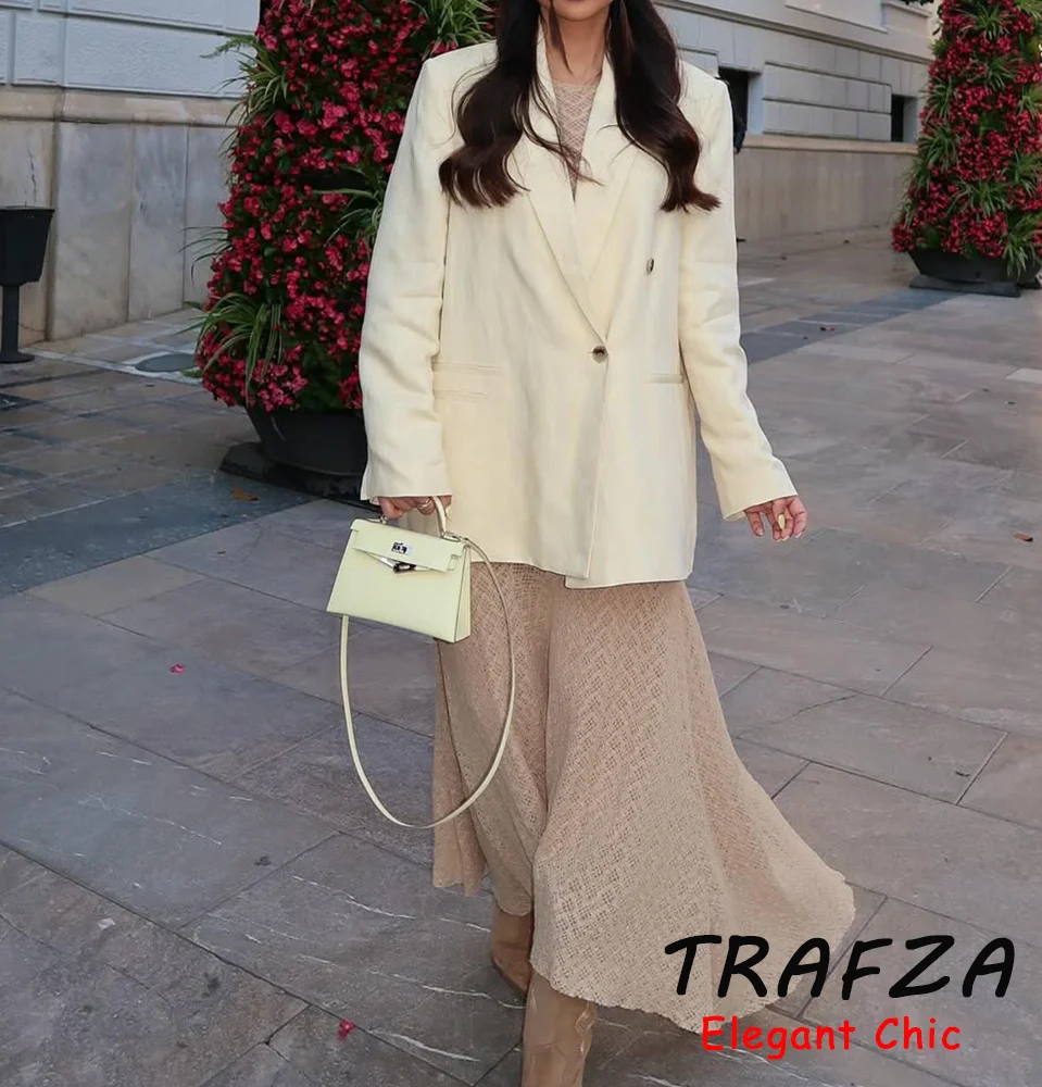 

TRAFZA Women Elegant Chic Light Yellow Blazer Loose Blazer New 2025 Spring Summer Fashion High Street Holidays Mujer Blazer