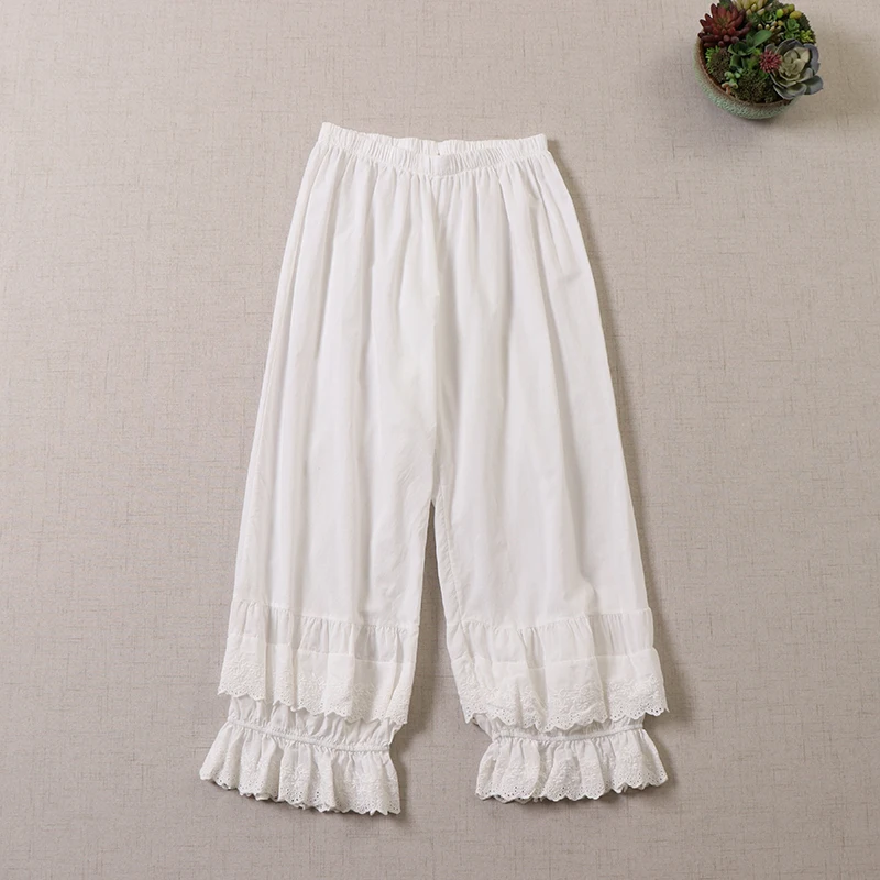 Japanese Sweet Mori Girl Lace Ruffled Wide Leg Pants Women Summer Elastic Waist Casual Loose Thin Cotton Trousers Uderpants