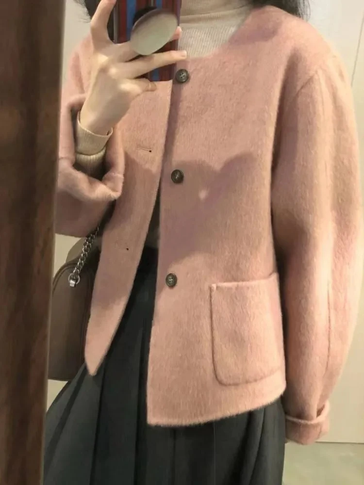 Jaqueta de Tweed Azul Marinho Feminina Elegante Vintage com Botões e Detalhes em Renda Retro Bordada Dupla Face Decorada