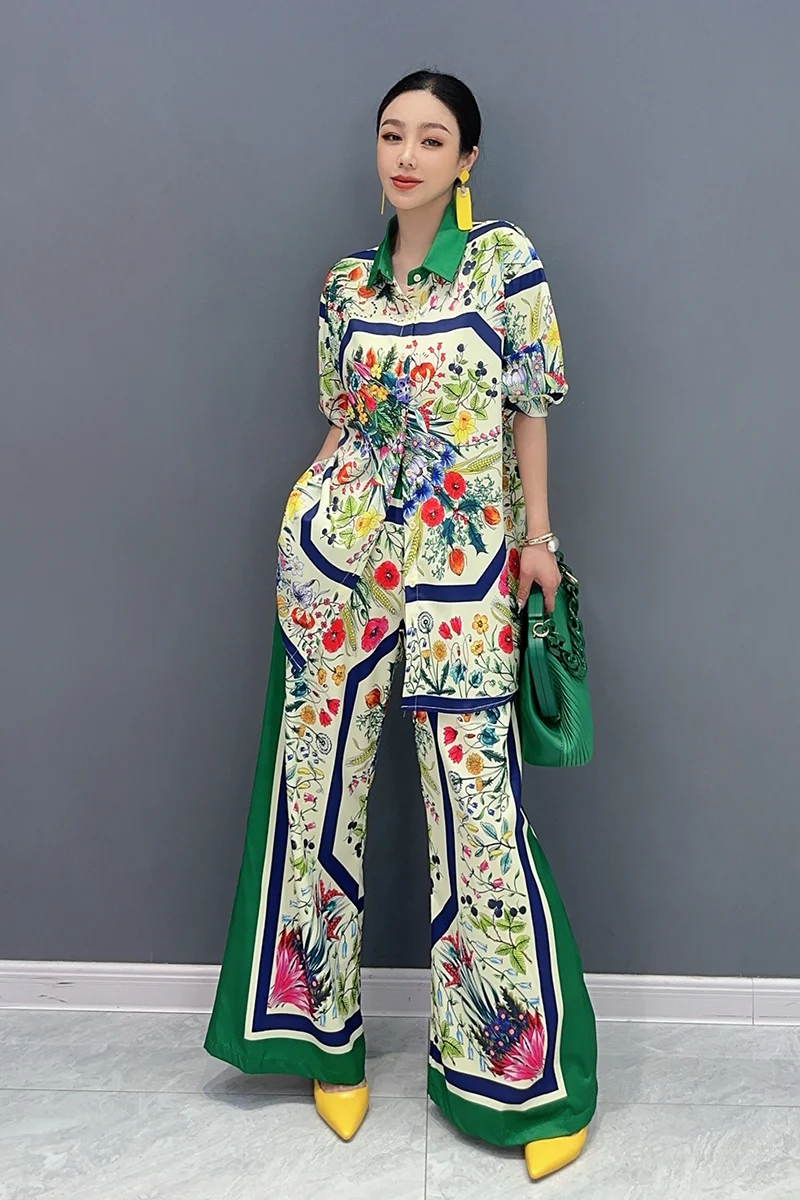 2024 Autumn New Elegant Fashion Loose Set Women Long Sleeve Printed Shirt Wide Leg Pants Two Piece Set Ladies J399