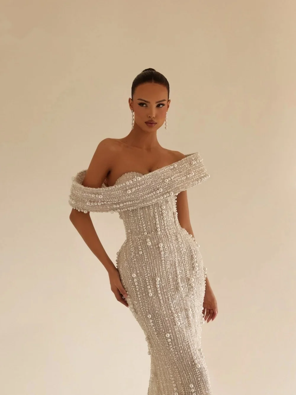 Elegant Wedding Dresses Pearls Off Shoulder Mermaid Bridal Gowns Sequins Princess Slim Fit Customized Vestidos De Novia