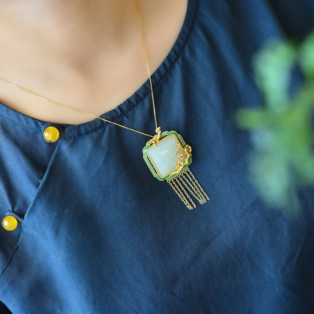 Ancient gold craft inlaid pink diamond natural Hotan Jade white square pendant enamel tassel necklace wedding jewelry gift