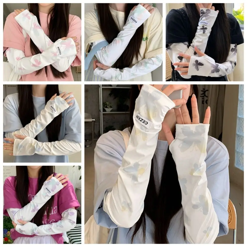 

Cool Butterfly Ice Silk Sleeves Gradient Sun Protection Sunscreen Arm Sleeve Uv Protection Solid Color Summer Long Glove Ladies