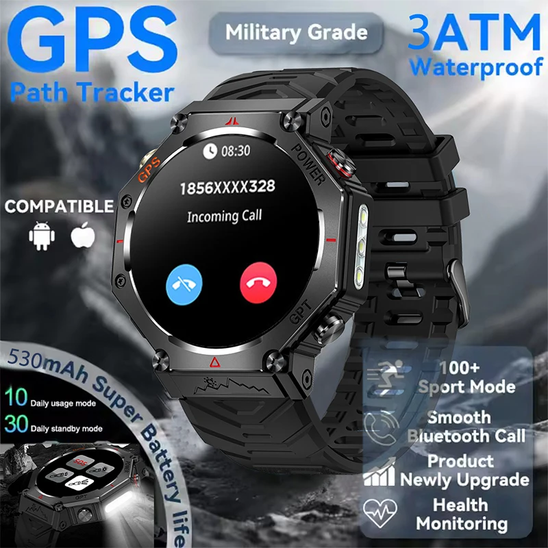 Military Men Smart Watch with built-in GPS CHATGPT Bluetooth Call 3ATM Waterproof Heart Rate Blood Oxygen Monitoring smartwatch