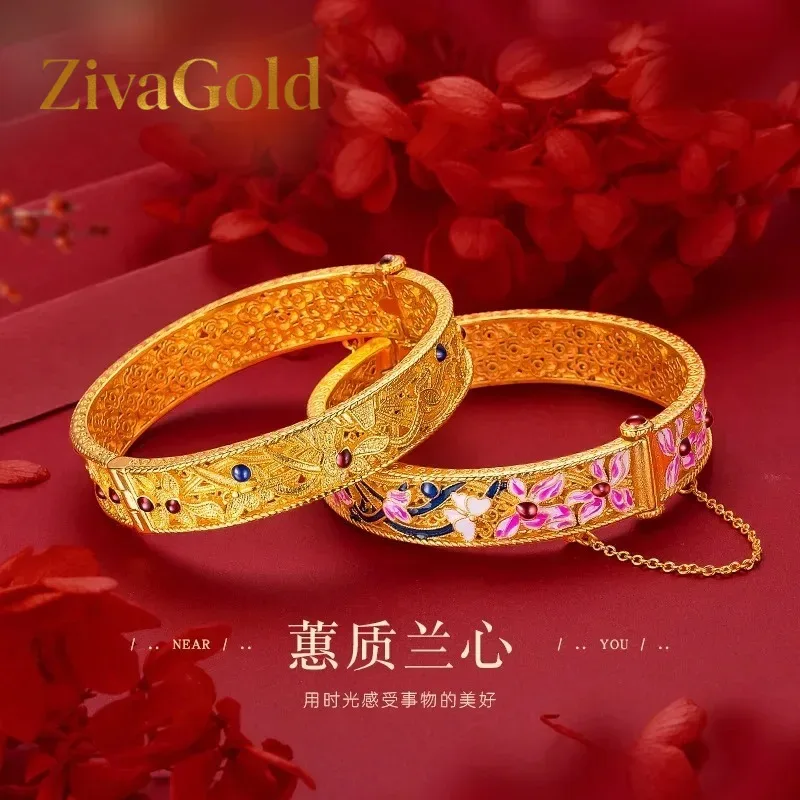 

ZivaGold 9999 Genuine 24K Gold Orchid Enamel Bracelet, Spacious Size for a Statement