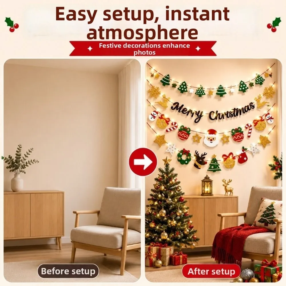 Cartoon Christmas Luminous Banner Warm Light Santa Claus Wall Hanging Banner Battery Powered Creative DIY Pull Flag
