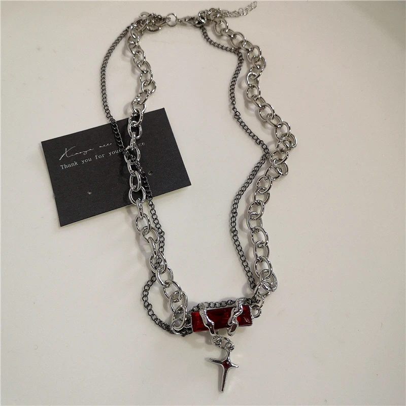 Gothic Red Heart Thorns Cross Chains Necklace For Women Men Hip-Hop Personality Trendy Charm Grunge Punk Jewelry Y2k Accessories