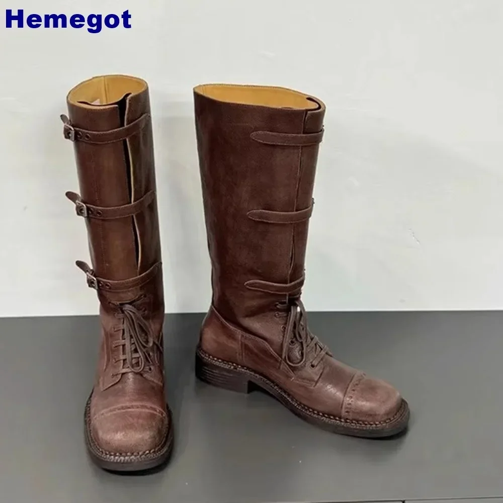 Retro Belt Buckle Women\'s Knight Boots 2024 Autumn Round Street Cross Straps Leather Long Boot Black/brown Party Casual Boots