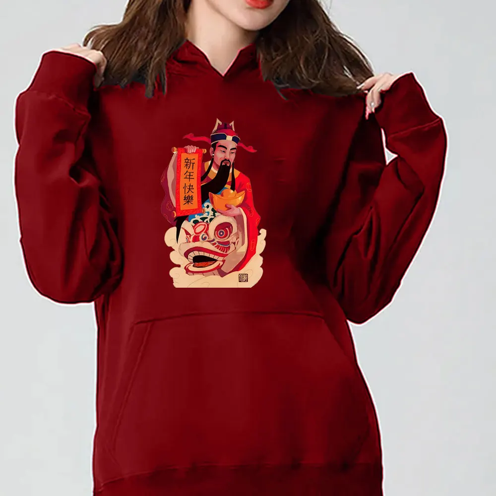 Happy Chinese New Year God of Wealth Red Envelope Printed Floral Hoodies Essential Sweatshirts for Men/women New Year Pullovers