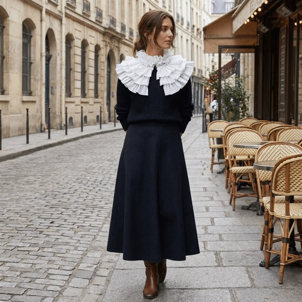 Adjustable Layered Ruffle False Collar Elegant Retro Decorative Ruffle Neckline Classic French Style White Ruffled Shawl Women