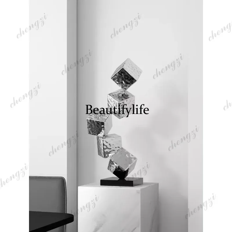 M138 TTT Stainless Steel Water Ripple Cube Geometry Mirror Decoration, Hotel, Office, Porch, Home, Shop Tabletop decoration