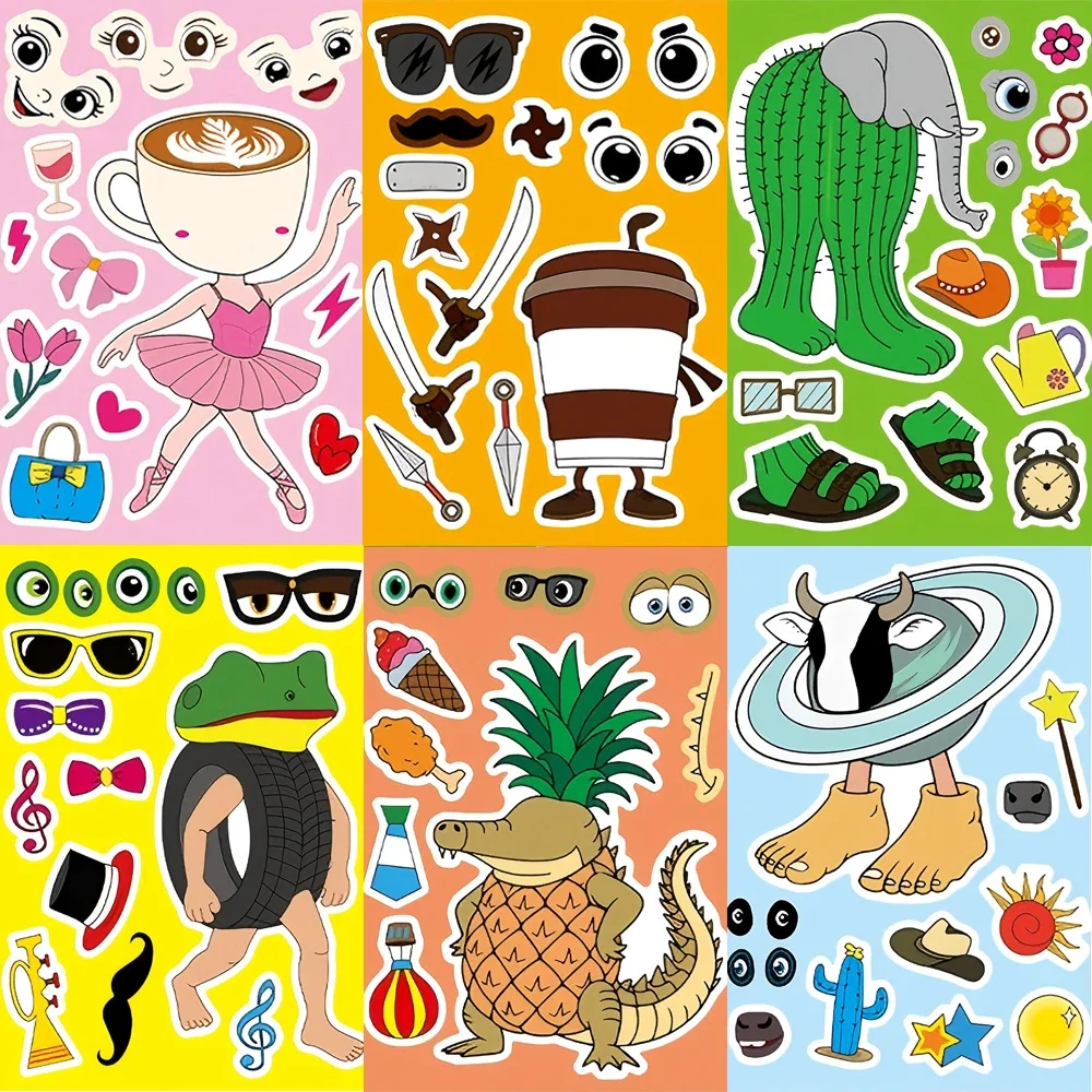 8/16Sheets Abstract Animal Make a Face Puzzle Stickers Tung Tung Sahur Italian Brainrot Animals Decal Assemble Jigsaw Kid Toys