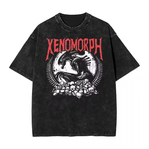 Death Metal Xenomorph Alien película lavada camiseta ropa de calle camiseta de Hip Hop camisetas para hombres y mujeres 100% algodón estampado de gran tamaño