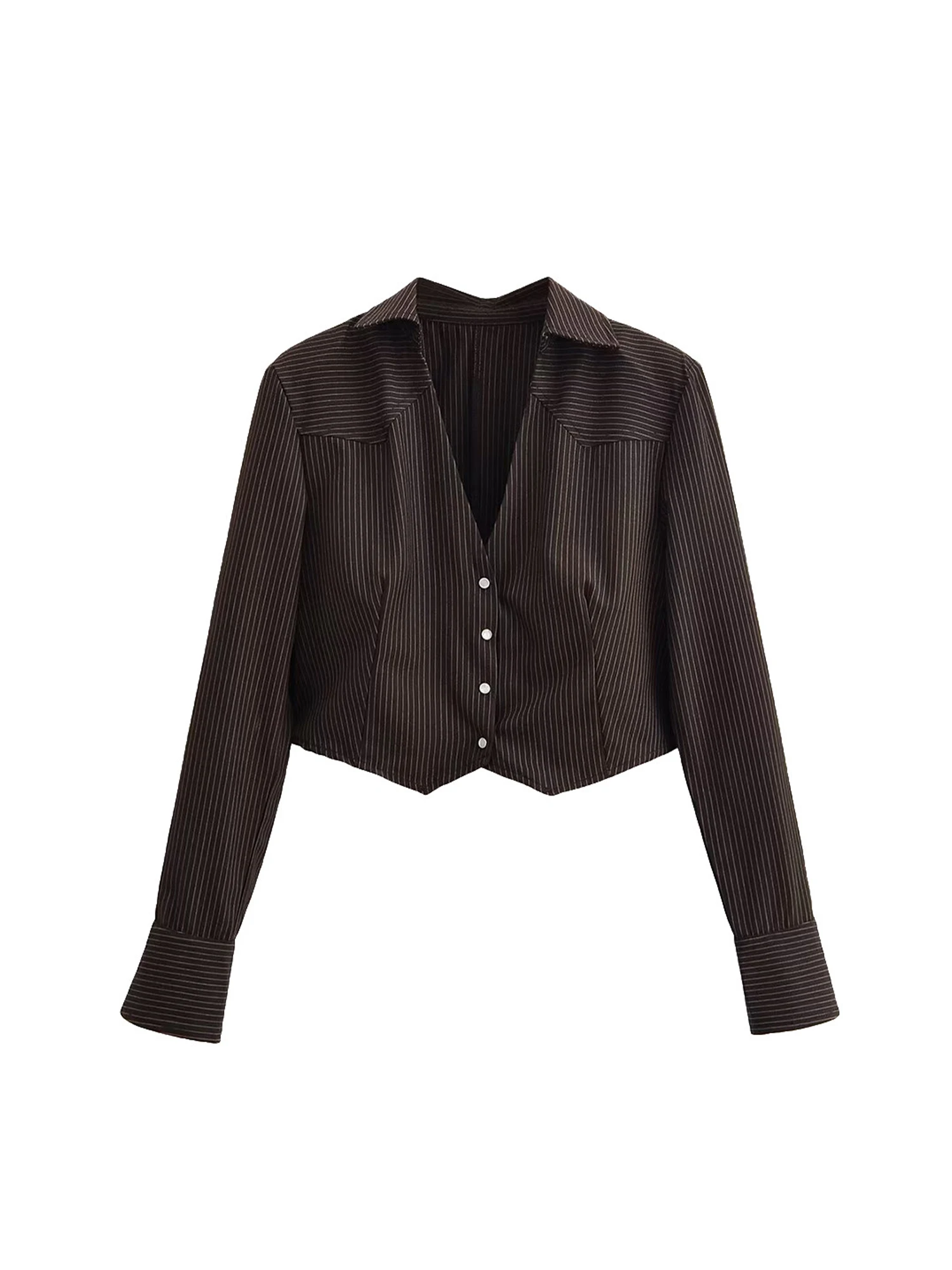 

Женские коричневые рубашки в полоску, блузки, винтажные элегантные 2000-х годов, эстетичная укороченная рубашка с длинными рукавами и v-образным вырезом для женщин, весенняя одежда