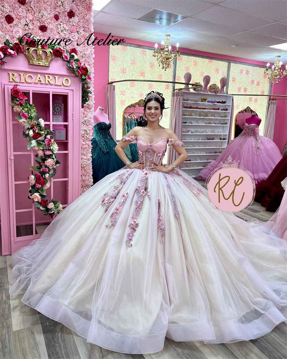 

Romantic Pink Flowers Corset Quinceanera Dress Ball Gown Luxury Beaded Off The Shoulder Sweet 15 Dress vestidos de 16 Customized