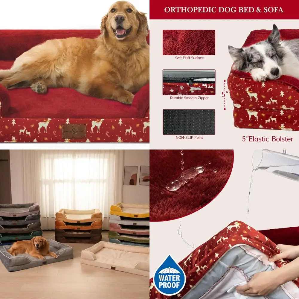 

Extra Large Orthopedic Dog Bed, 42x30 Inches, Waterproof XL Foam Bed with Removable Bolster, Washable Cover, Non-Slip, Christmas